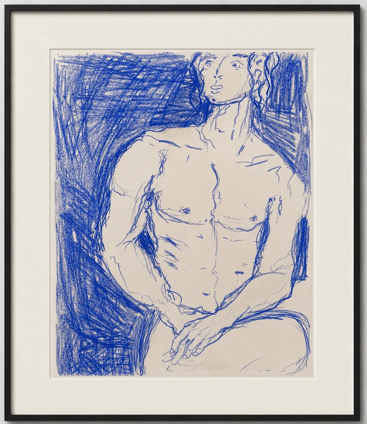A framed sketch of a shirtless person with curly hair, drawn with blue lines on white paper, set against a dark background.