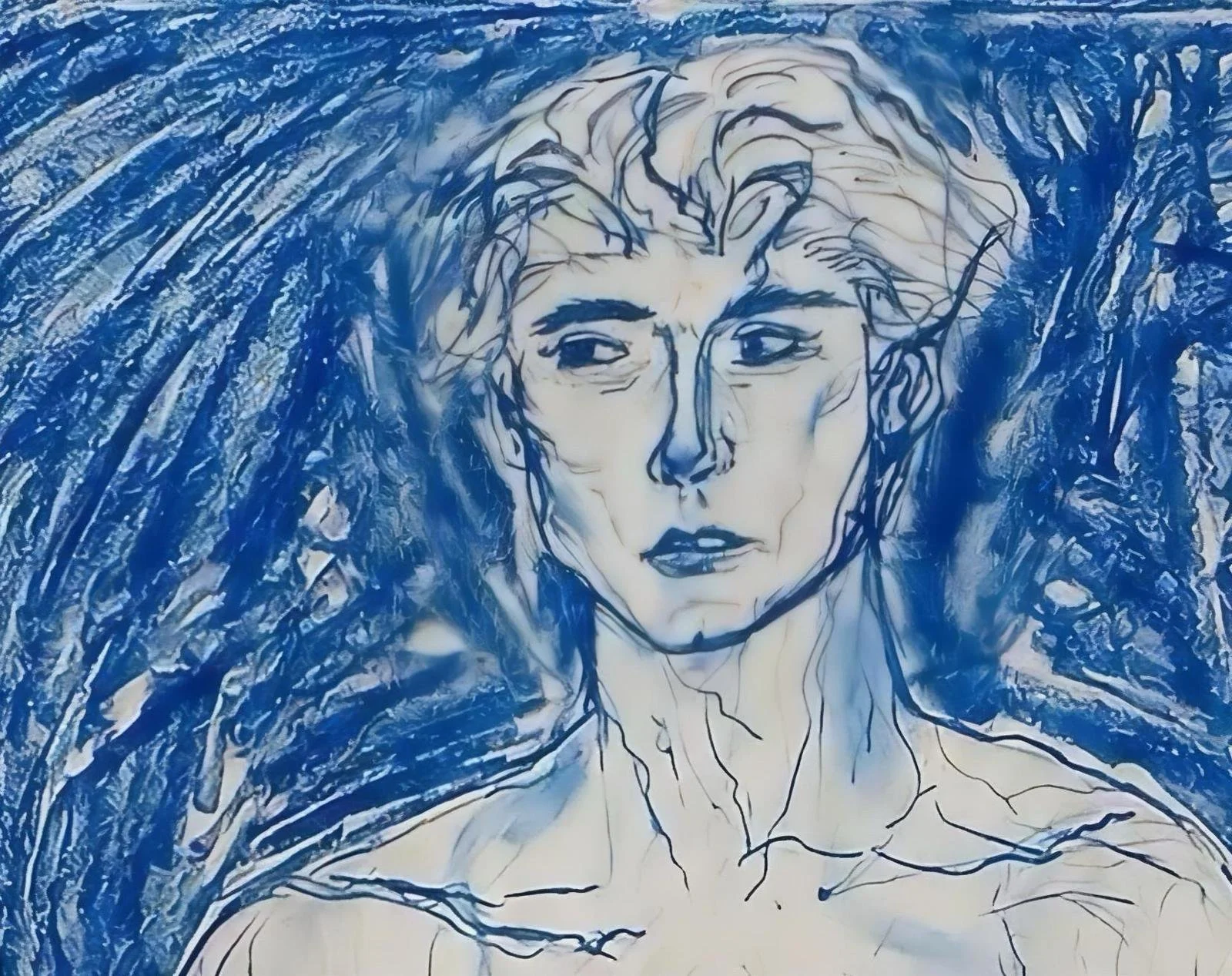Blue line portrait of a male figure with short hair, set against a textured blue background.
