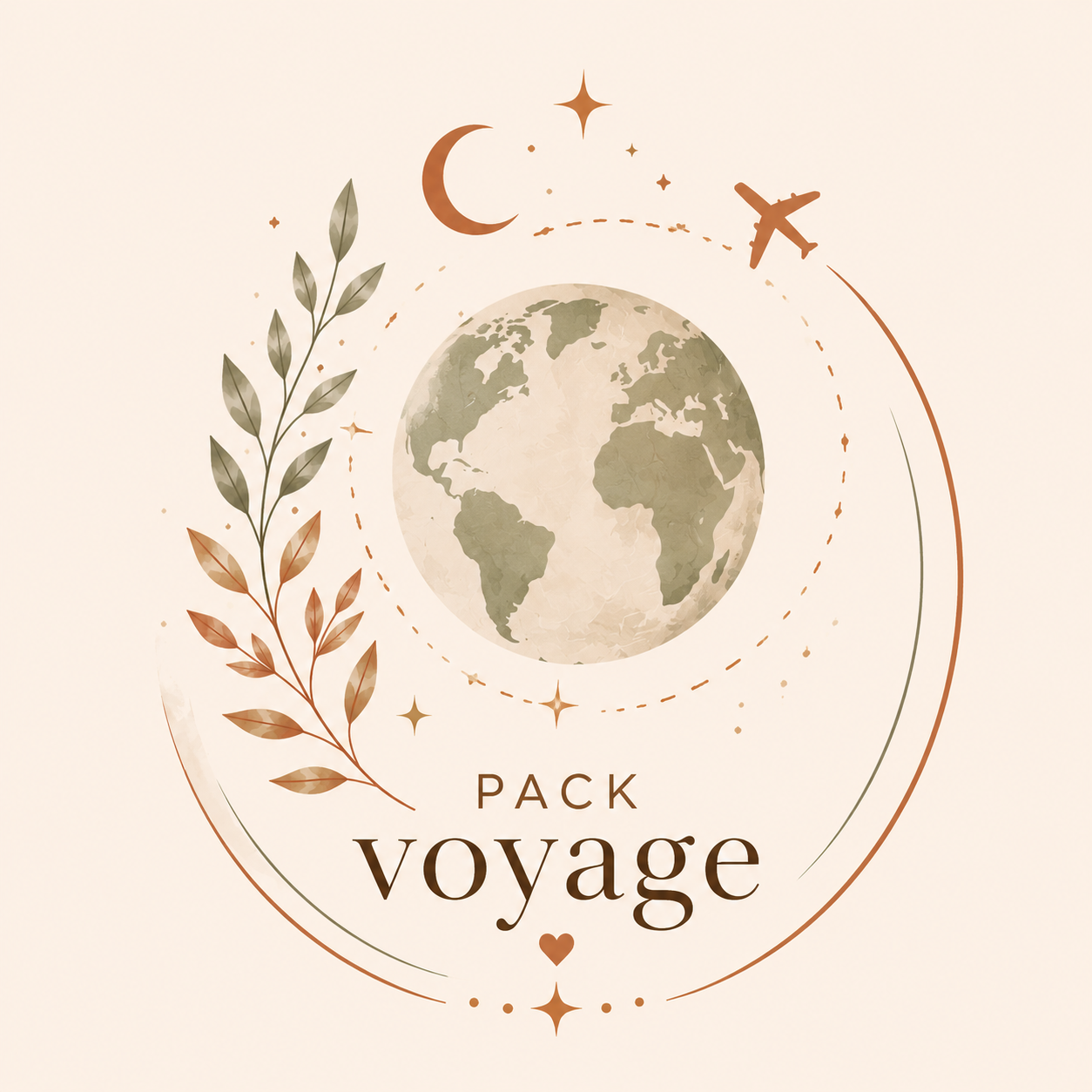 Logo avec une image de la Terre au centre, entourée d'illustrations d'étoiles, de la lune, d'un avion et de branches végétales, avec le texte 'PACK VOYAGE' en dessous.
