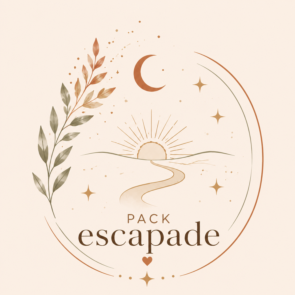 Illustration minimaliste avec la lune, le soleil au coucher, un chemin, des étoiles, des branches d'olivier, et le texte 'Pack escapade' dans des tons neutres.