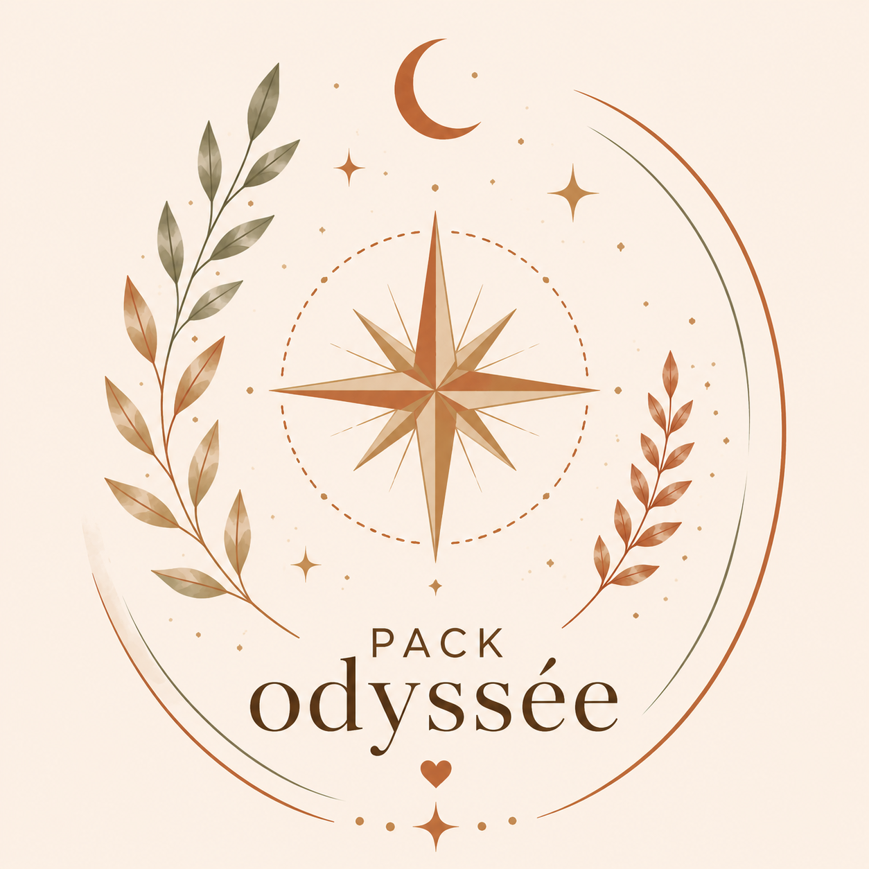 Design artistique avec une boussole centrale, des branches d'olives, une lune et des étoiles, avec le texte "Pack Odyssée" en dessous.