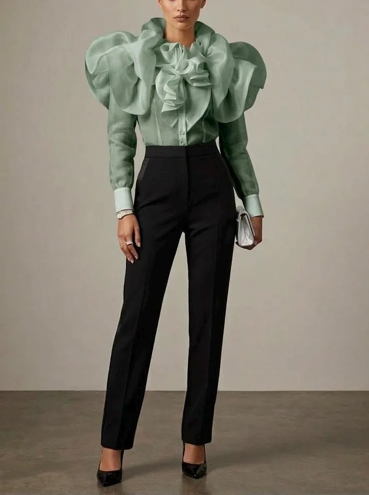 The Aurelia Blouse: Satin-Faced Organza Ruffled Statement Top with Dramatic Puff Sleeves