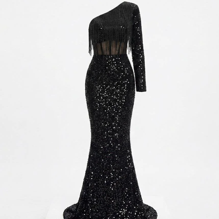 The Mivani Sparkling Black Sequin One-Shoulder Mermaid Evening Gown with Waterfall Beaded Fringe