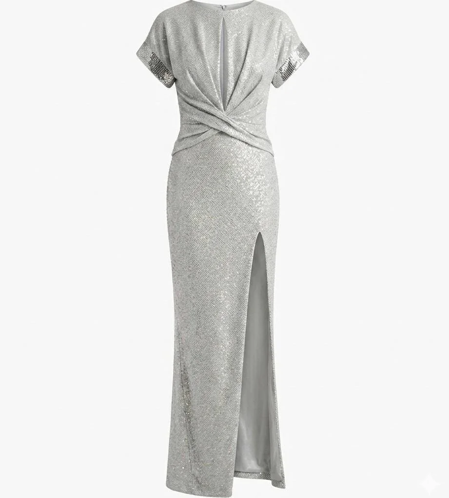 The Mivani Luxury Metallic Jersey Gown – Evening Dress with Twist Waist and High Slit