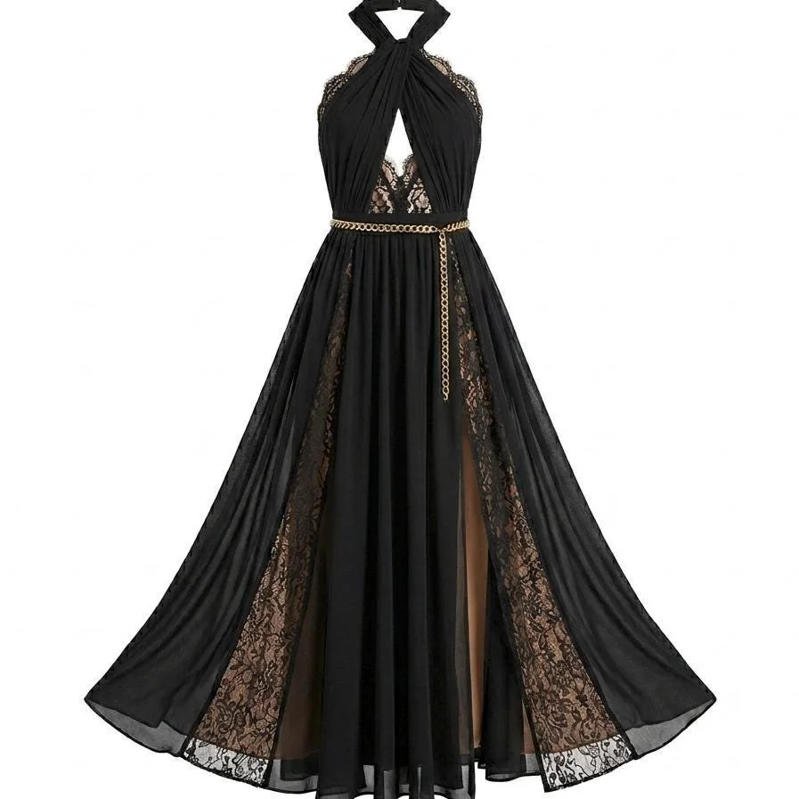 The Mivani Black Lace Chiffon Halter Maxi Dress - Open Back Evening Gown