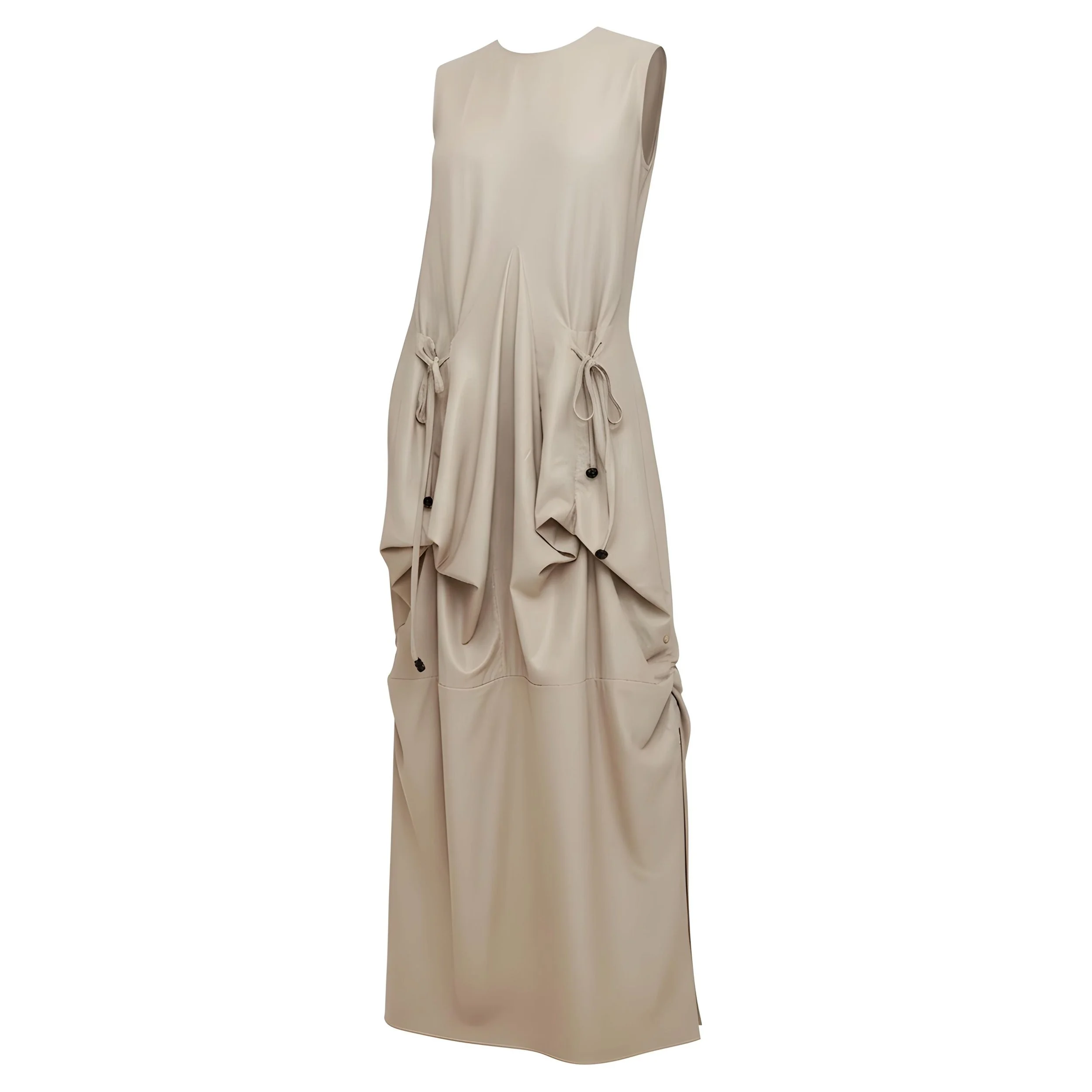 Low-Back Linen Maxi Dress with Architectural Draped Pockets