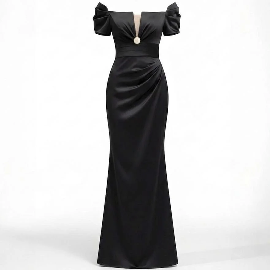Off-The-Shoulder Cotton Satin Gown with Mesh Inlay