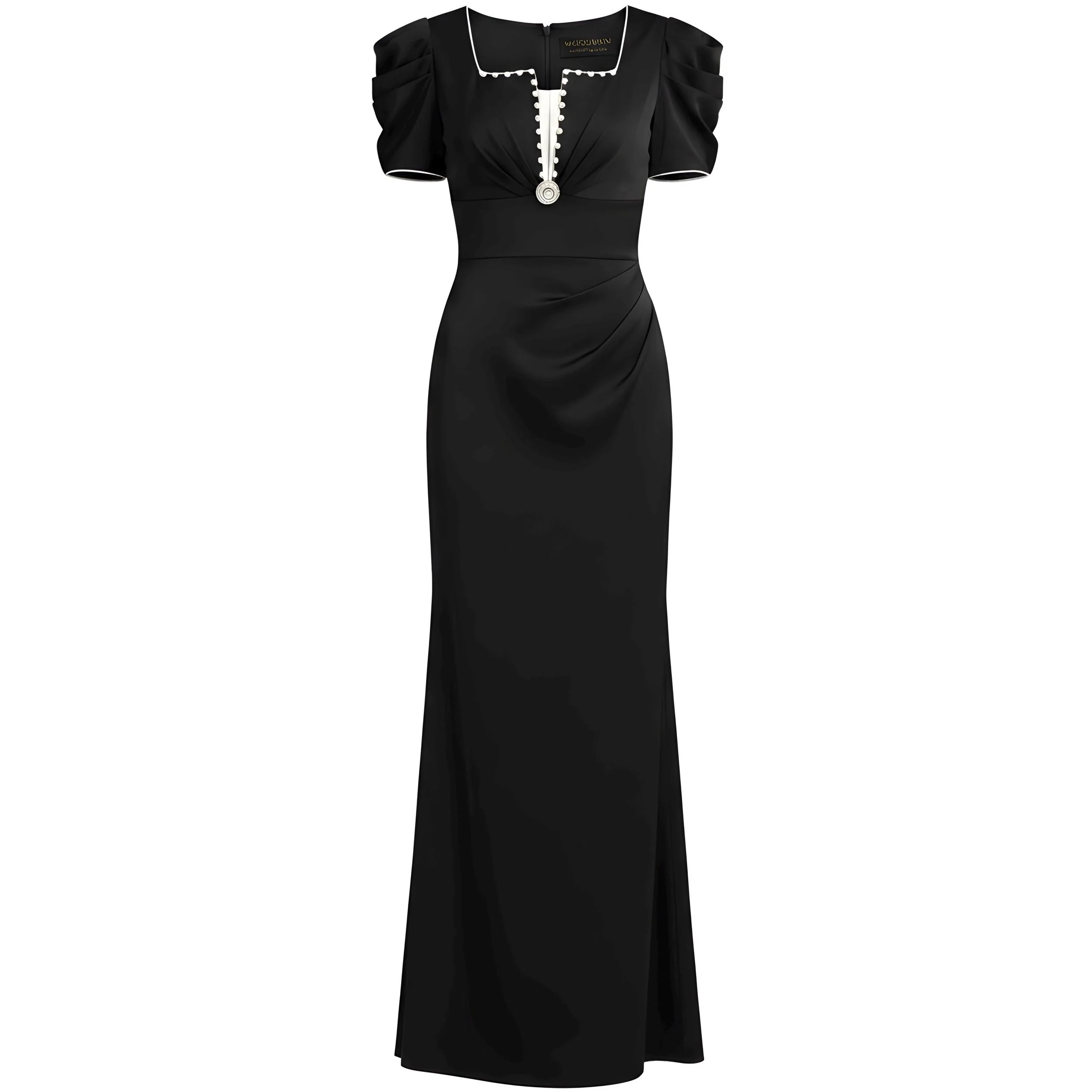 Black Cotton Satin Gown with Scalloped Contrast Trim