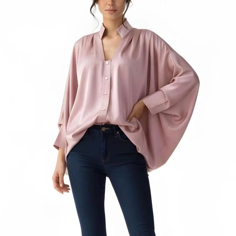 Oversized V-Neck Stretch Satin Charmeuse Top - Dusty Rose