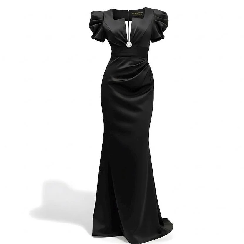 Black Cotton Satin-Faced Mermaid Gown with Structured Sleeves