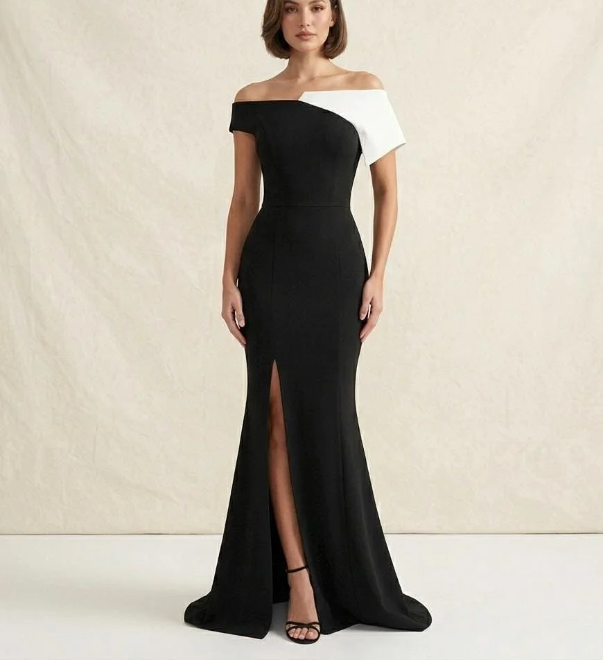 Asymmetric Off-the-Shoulder Crepe Gown