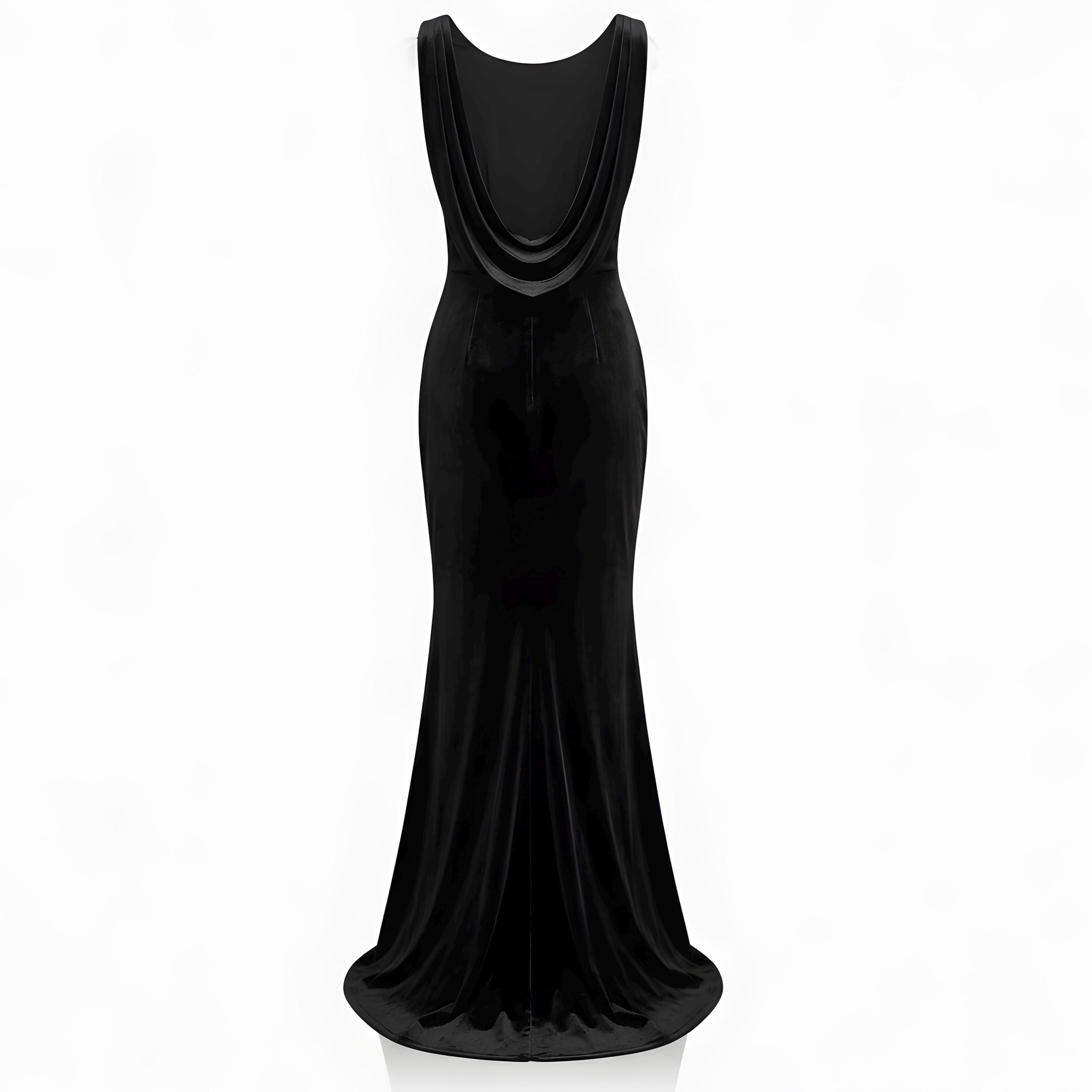 The Mivani Black Velvet Cowl Neck Formal Maxi Dress - Open Back Mermaid Gown
