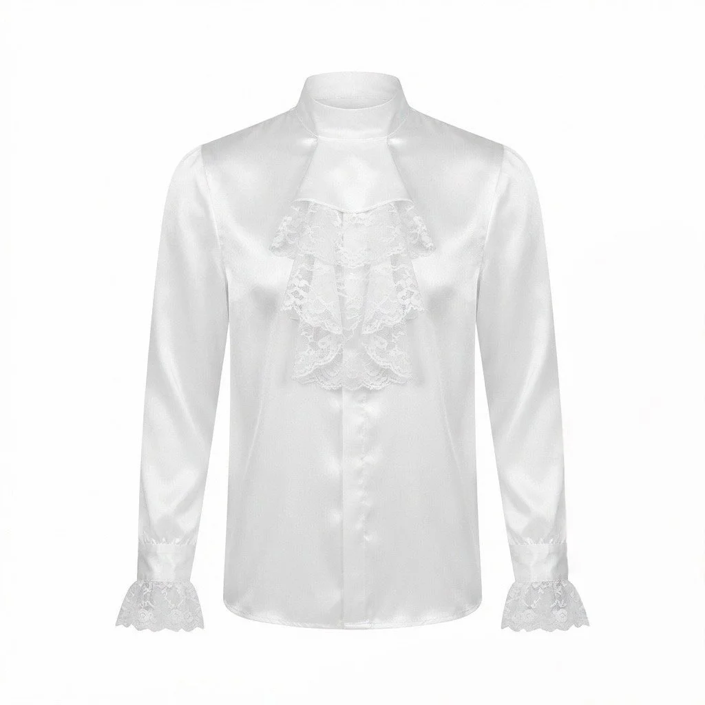 MAISON MIVANI | Men’s Silk Charmeuse Poet Shirt with Detachable Victorian Lace Jabot