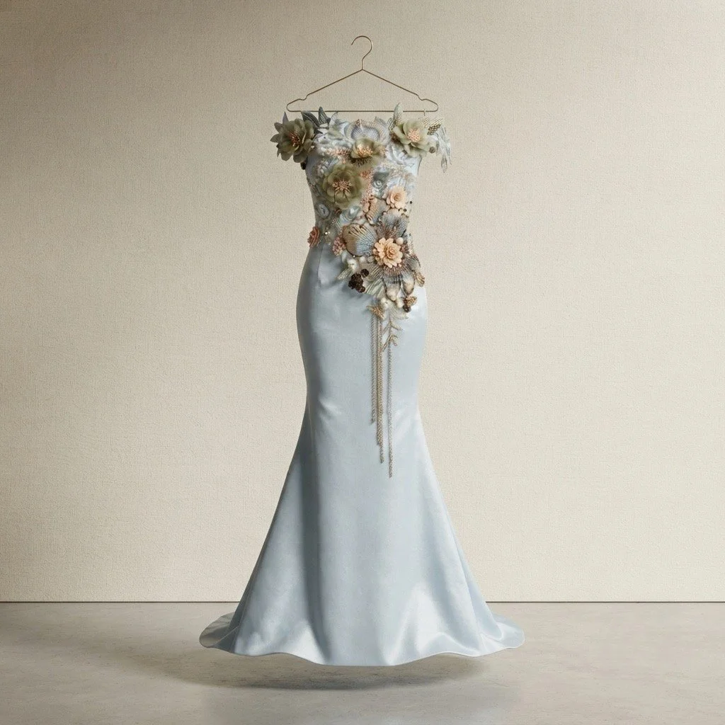 The Mivani Floral Applique and Beaded Chain Fringe, Off The-Shoulder Couture Gala Dress