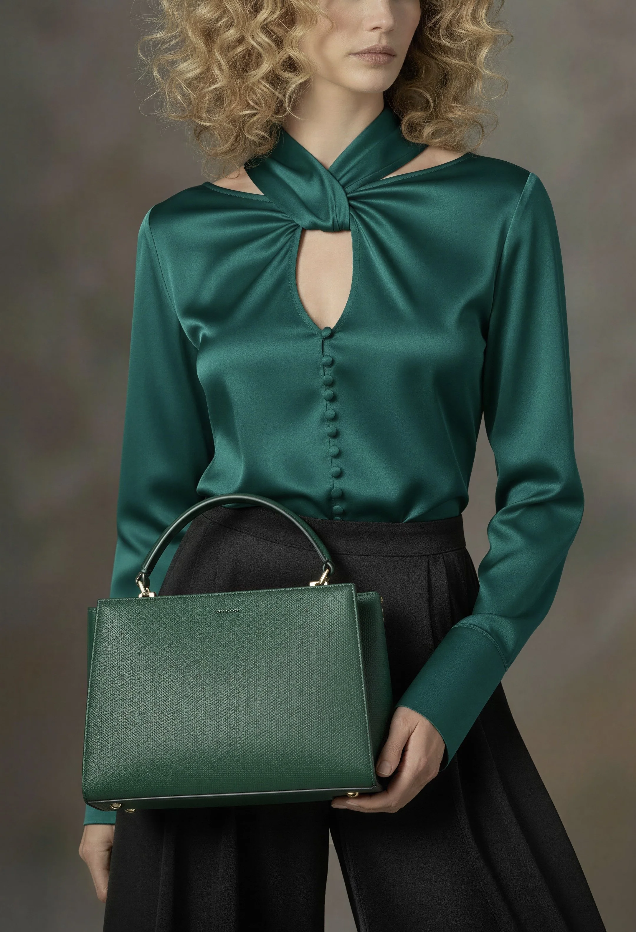 THE MIVANI Cutout Keyhole Silk Satin Blouse