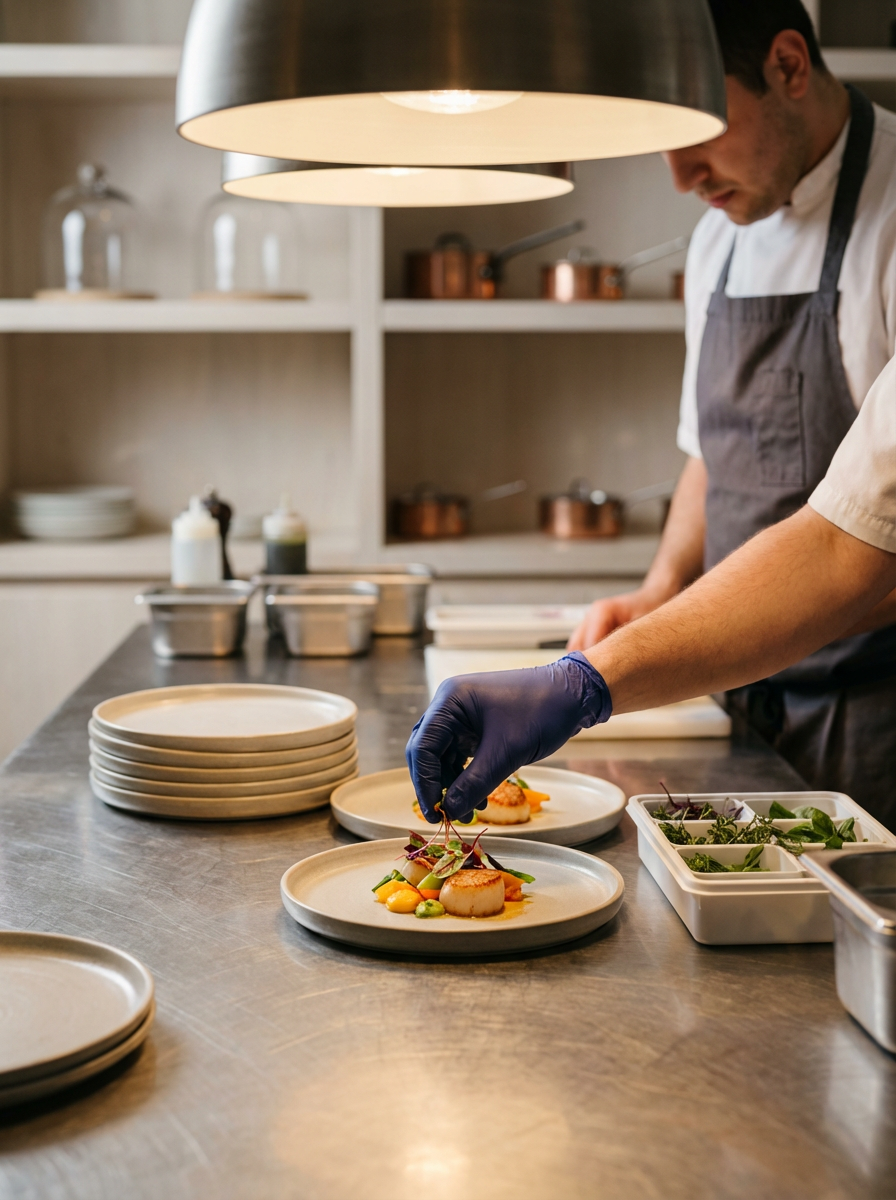 Chef garnishing a plated dish in a professional kitchen.