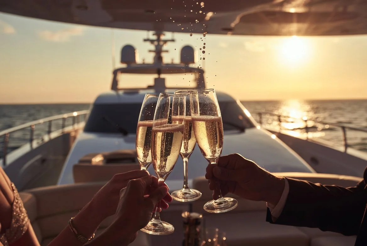 People celebrating on a yacht at sunset, clinking glasses of champagne with the ocean in the background.