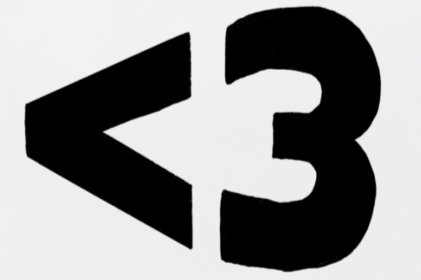 A black less-than sign next to a black number three, forming a symbol that resembles a heart, on a white background.