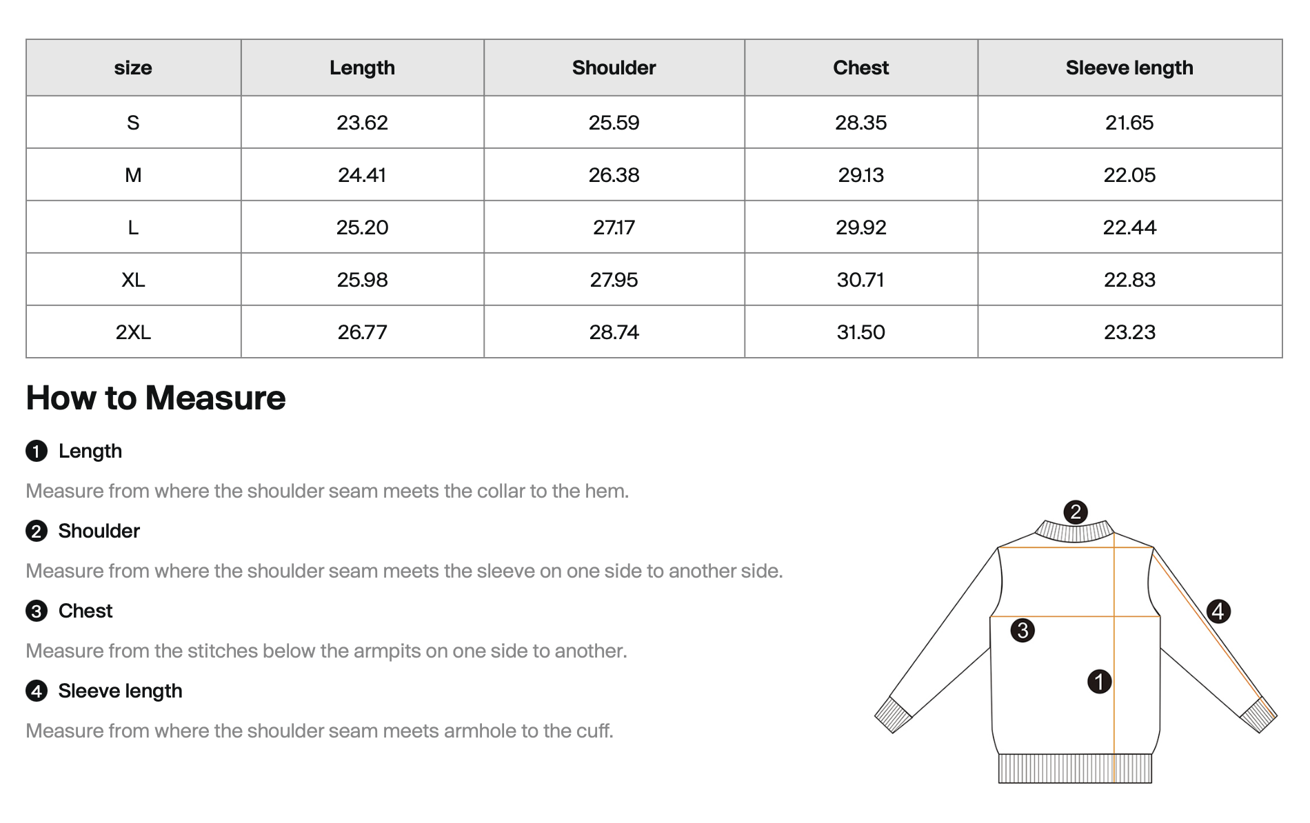 A size chart for a garment with measurements for size S, M, L, XL, and 2XL, including length, shoulder, chest, and sleeve length, with instructions on how to measure each dimension.