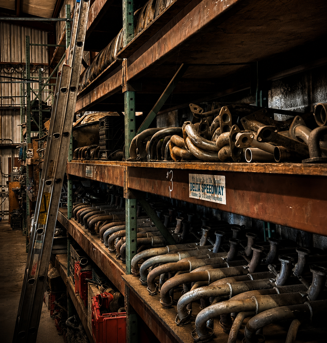Warehouse shelves filled with vintage aircooled Volkswagen exhaust and engine parts inside the BenBuilt Customs shop.