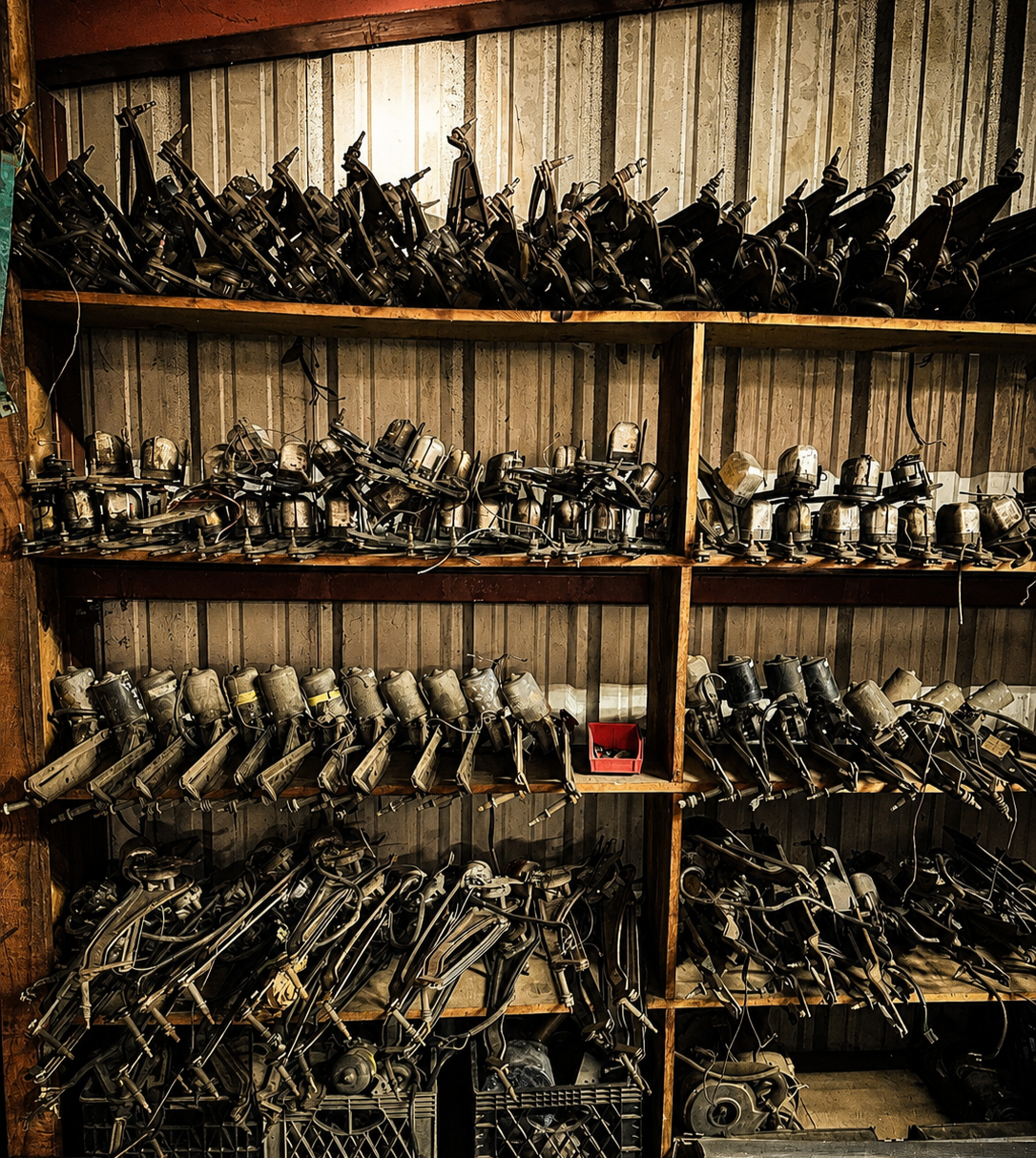 Shelves lined with original aircooled Volkswagen components organized inside the BenBuilt Customs restoration shop.