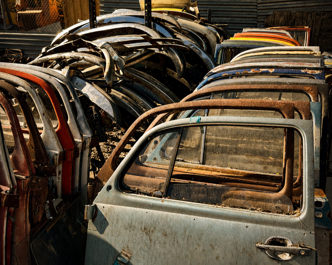 Rows of original vintage Volkswagen Beetle doors stored in the BenBuilt Customs parts yard for future restorations.