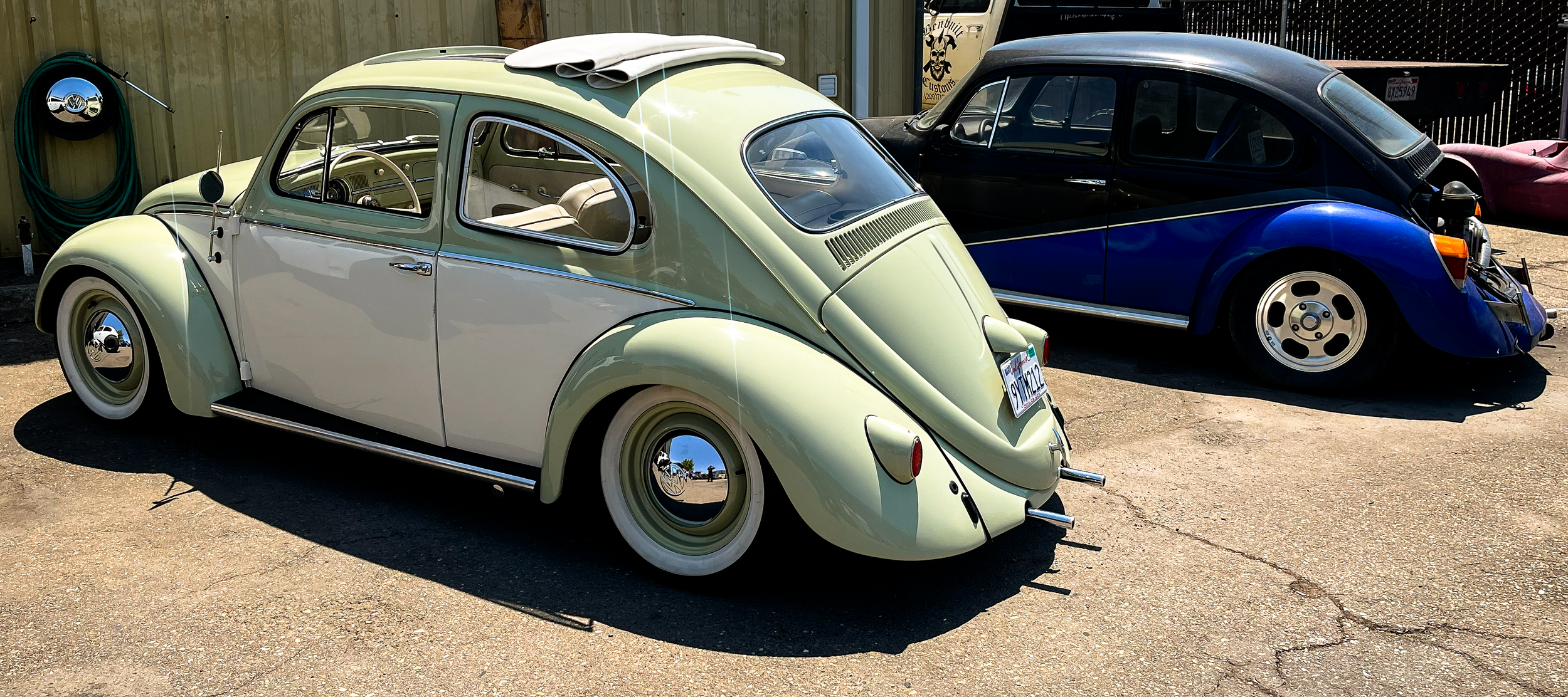 A vintage cream-colored Volkswagen Beetle with surfboards on its roof parked beside a black and blue Volkswagen Beetle.