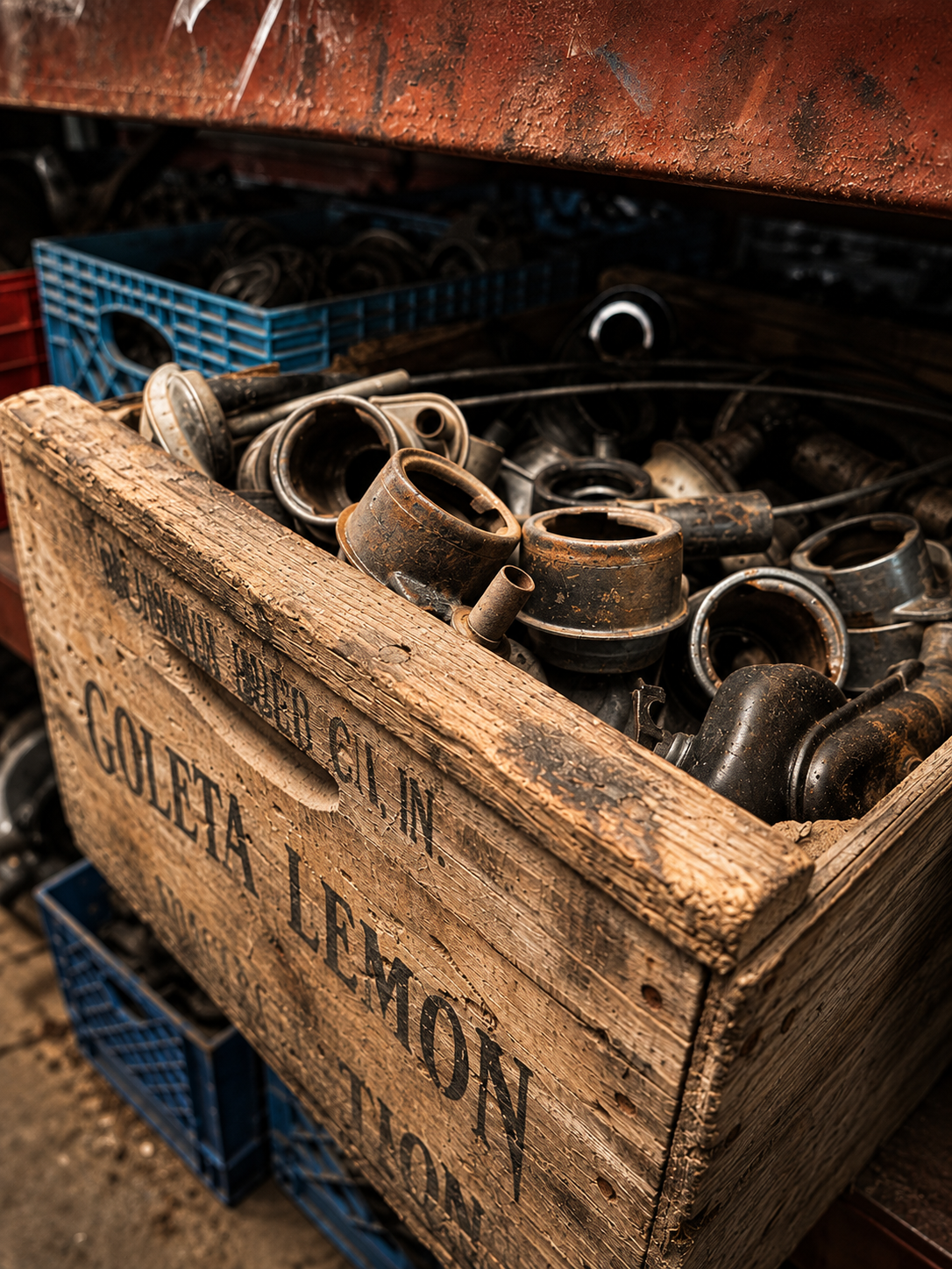 Weathered wooden crate filled with original vintage Volkswagen parts waiting to be restored and reused.