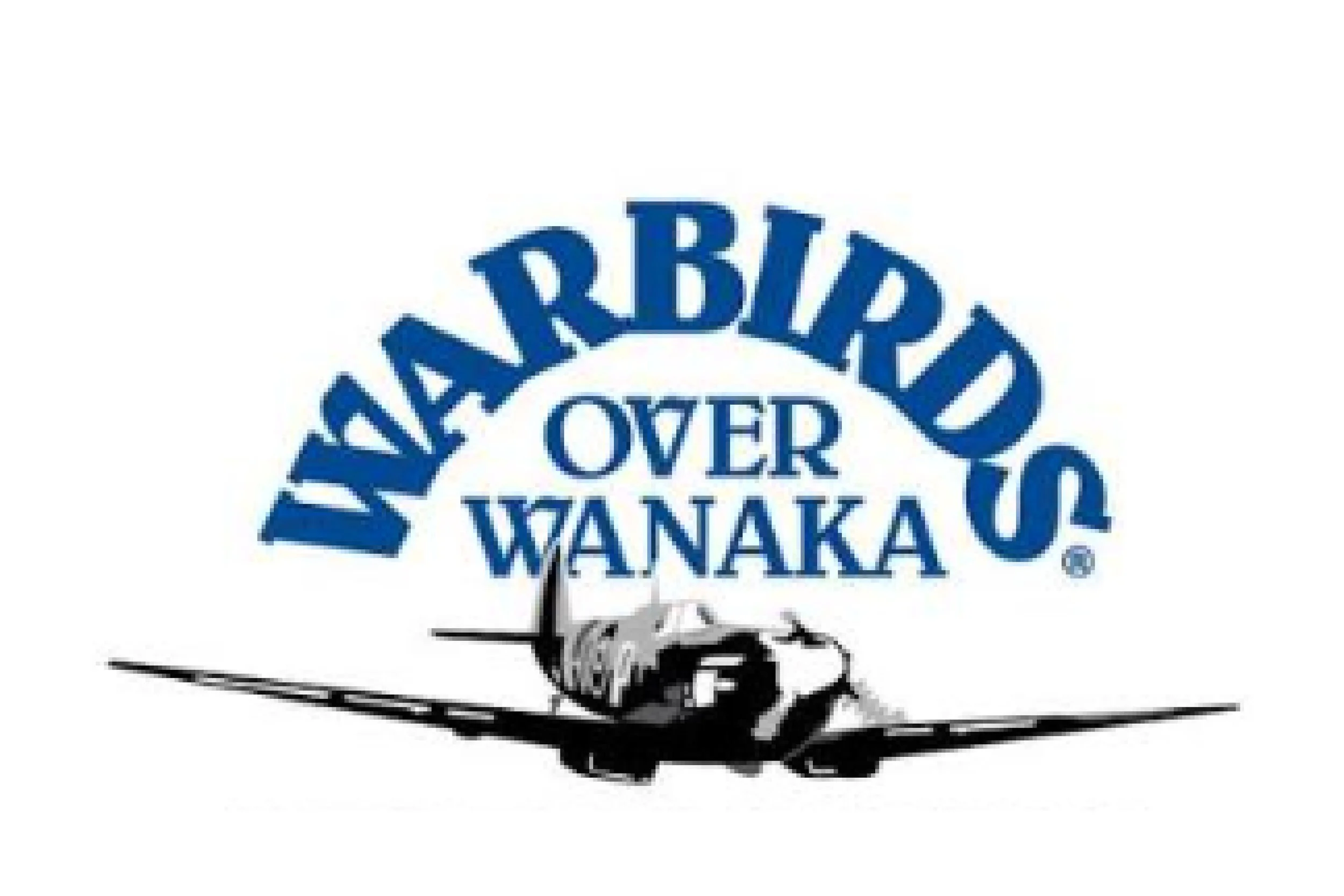 A graphic with text that reads "Warbirds Over Wanaka" in a semi-circular pattern in blue, with an illustration of a motorbike below the text.