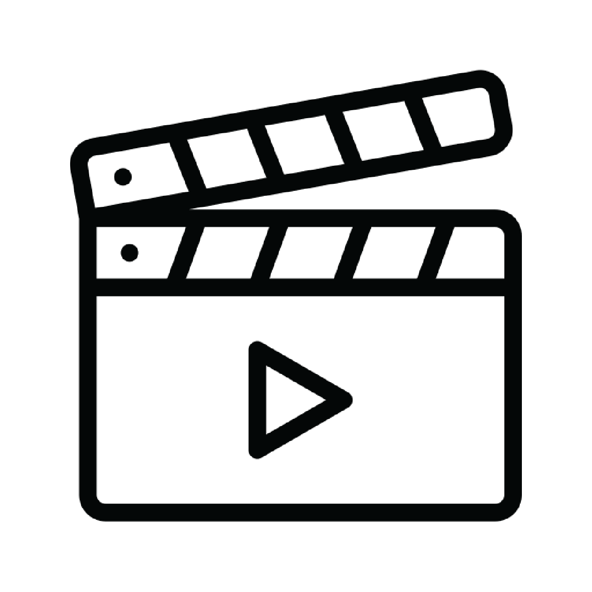 Outline of a movie clapperboard with a play button in the center.