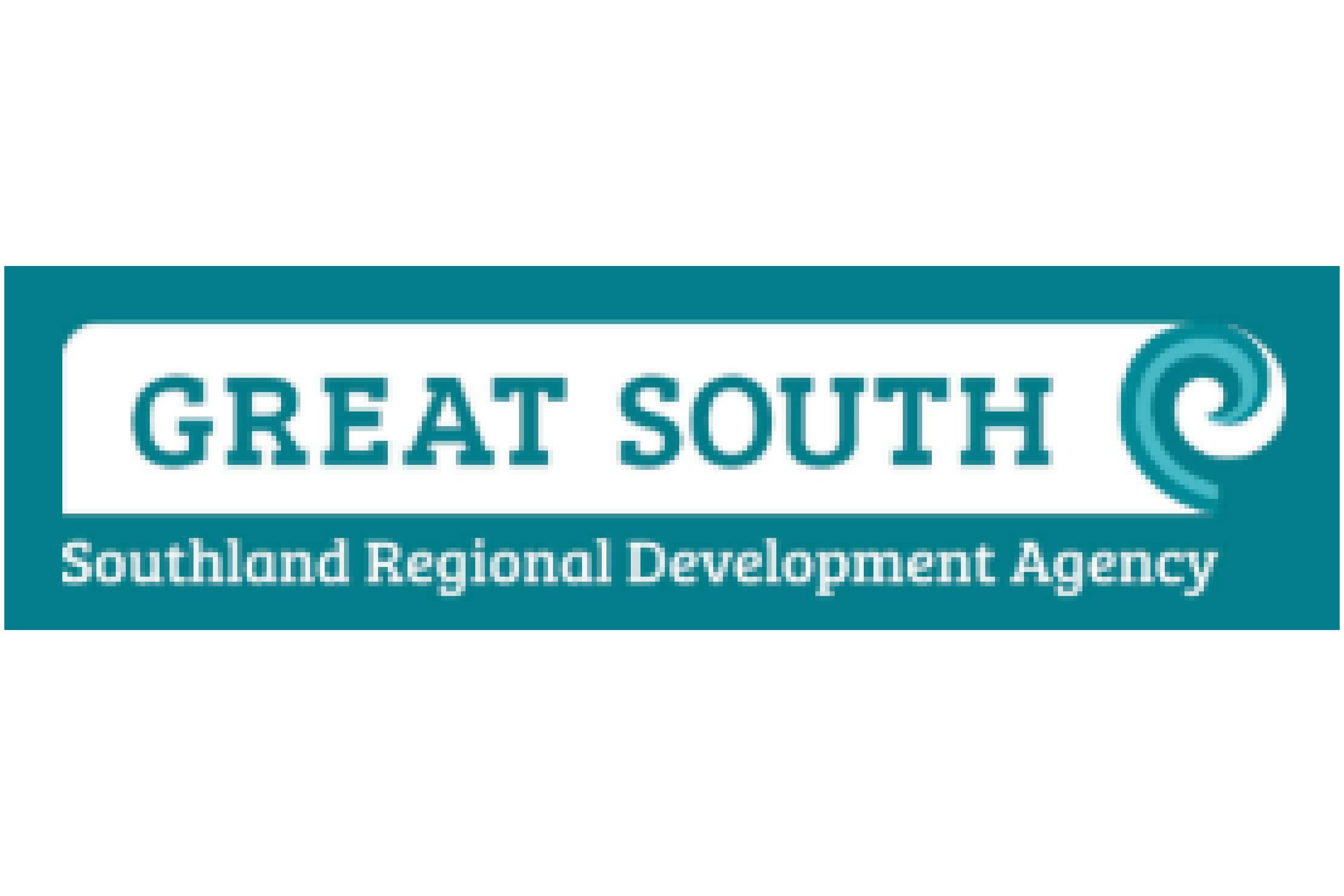 Logo for Great South, Southland Regional Development Agency, featuring teal and white colors with a swirl graphic.