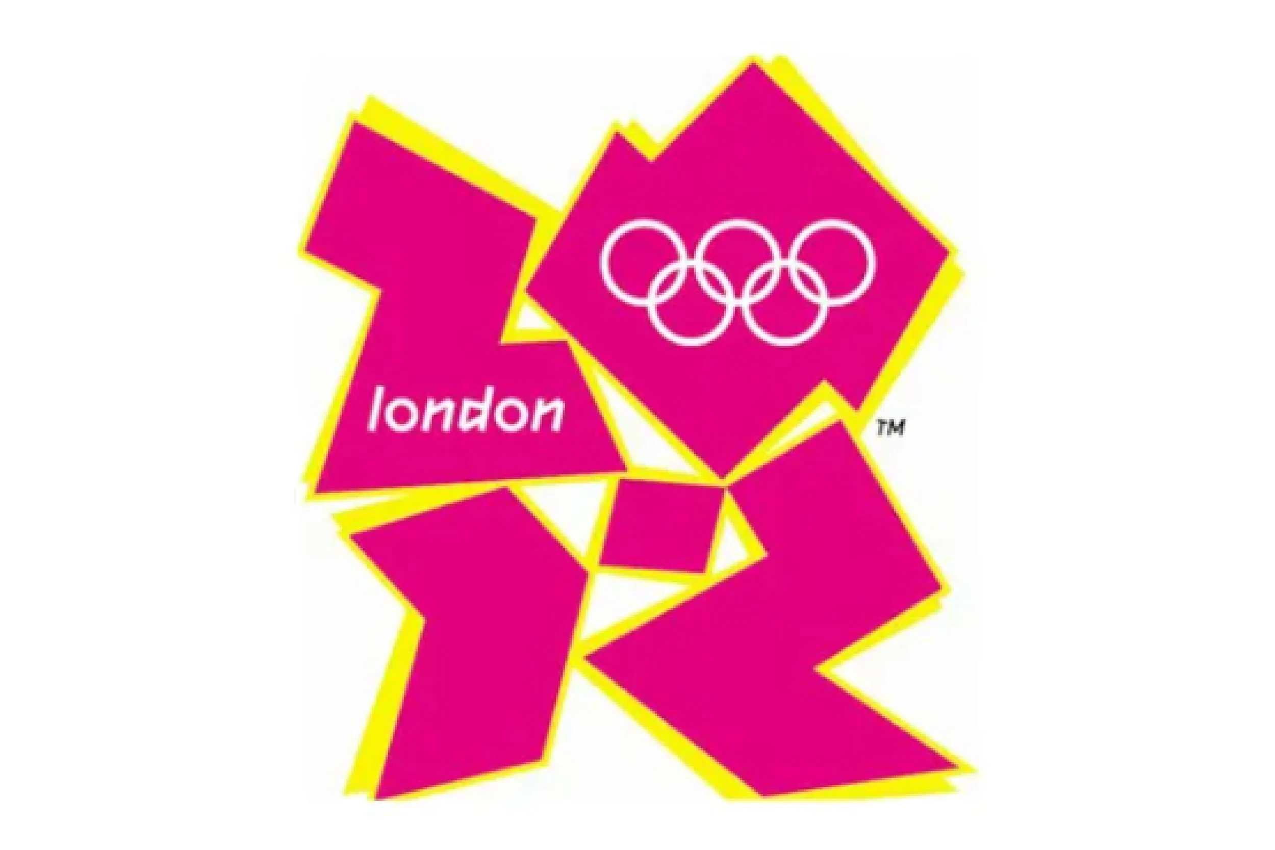 Colorful graphic featuring pink diamonds outlined in yellow with the London 2012 Olympic logo and name.