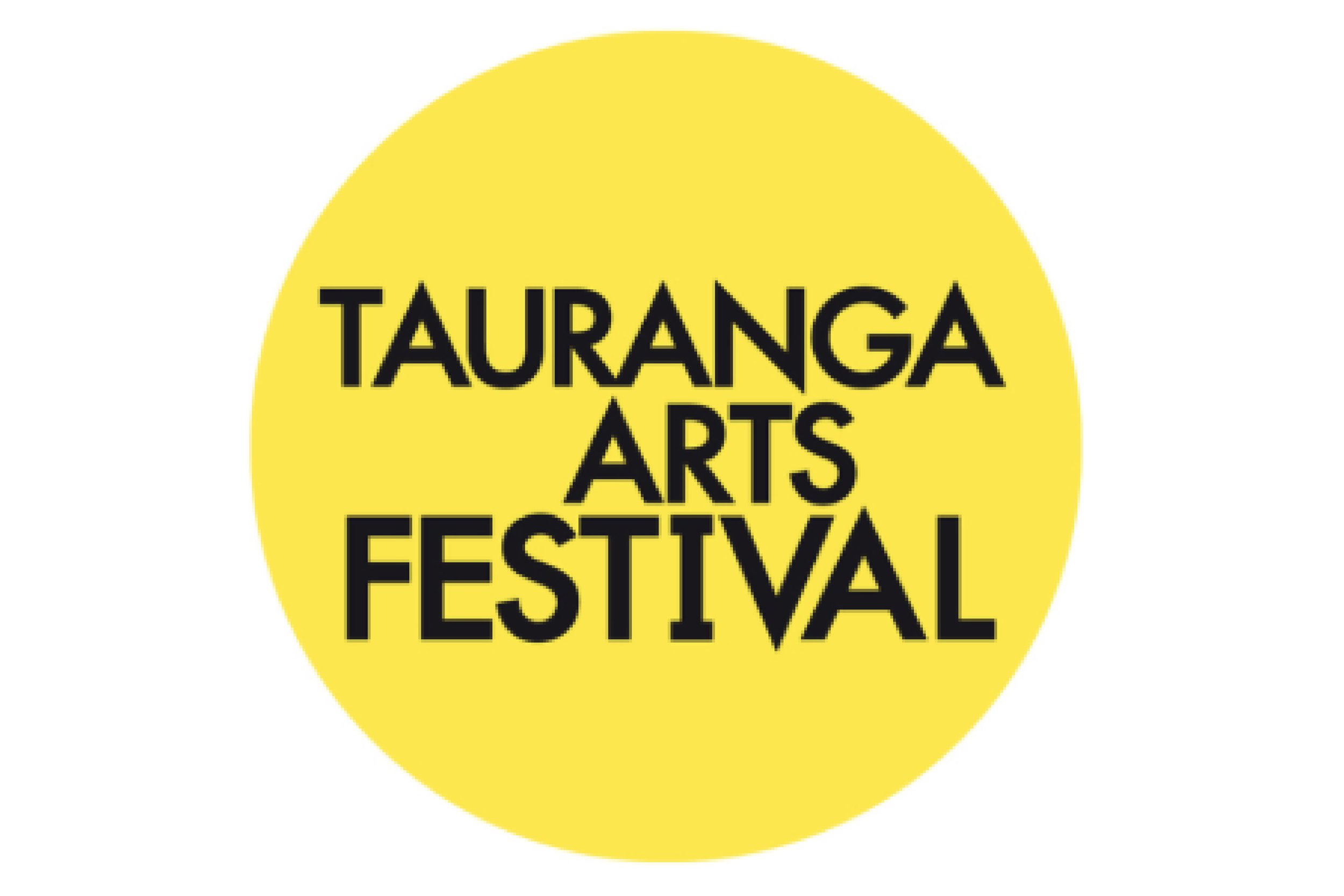 Yellow circle with black text that reads 'Tauranga Arts Festival'.