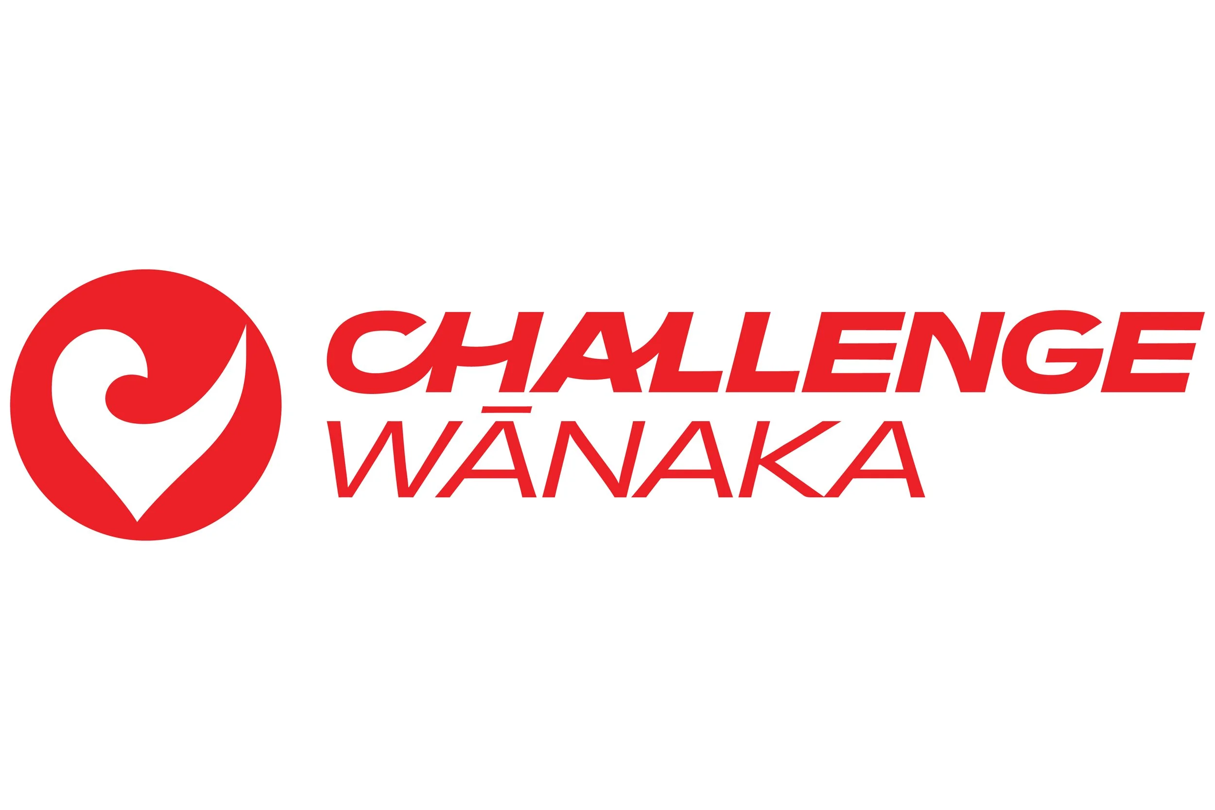 A logo with a red circular symbol resembling a location pin with a swirl inside, followed by the words "CHALLENGE WĀNAKA" in bold red letters.
