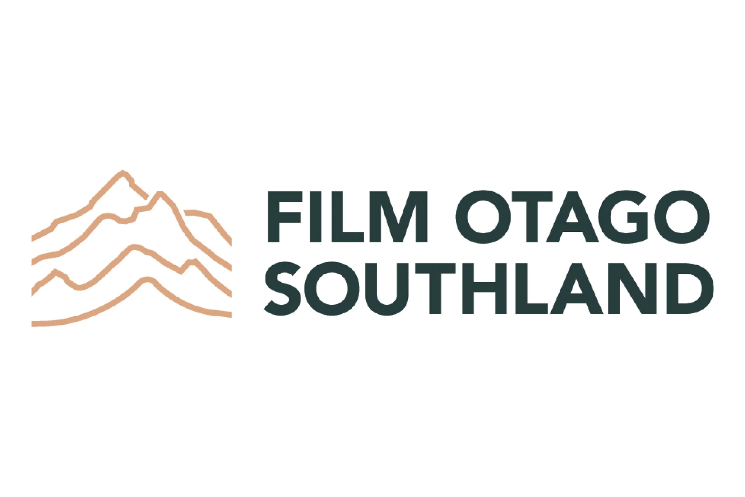 Logo for Film Otago Southland featuring stylized mountain lines in tan above the text "FILM OTAGO SOUTHLAND" in dark green.