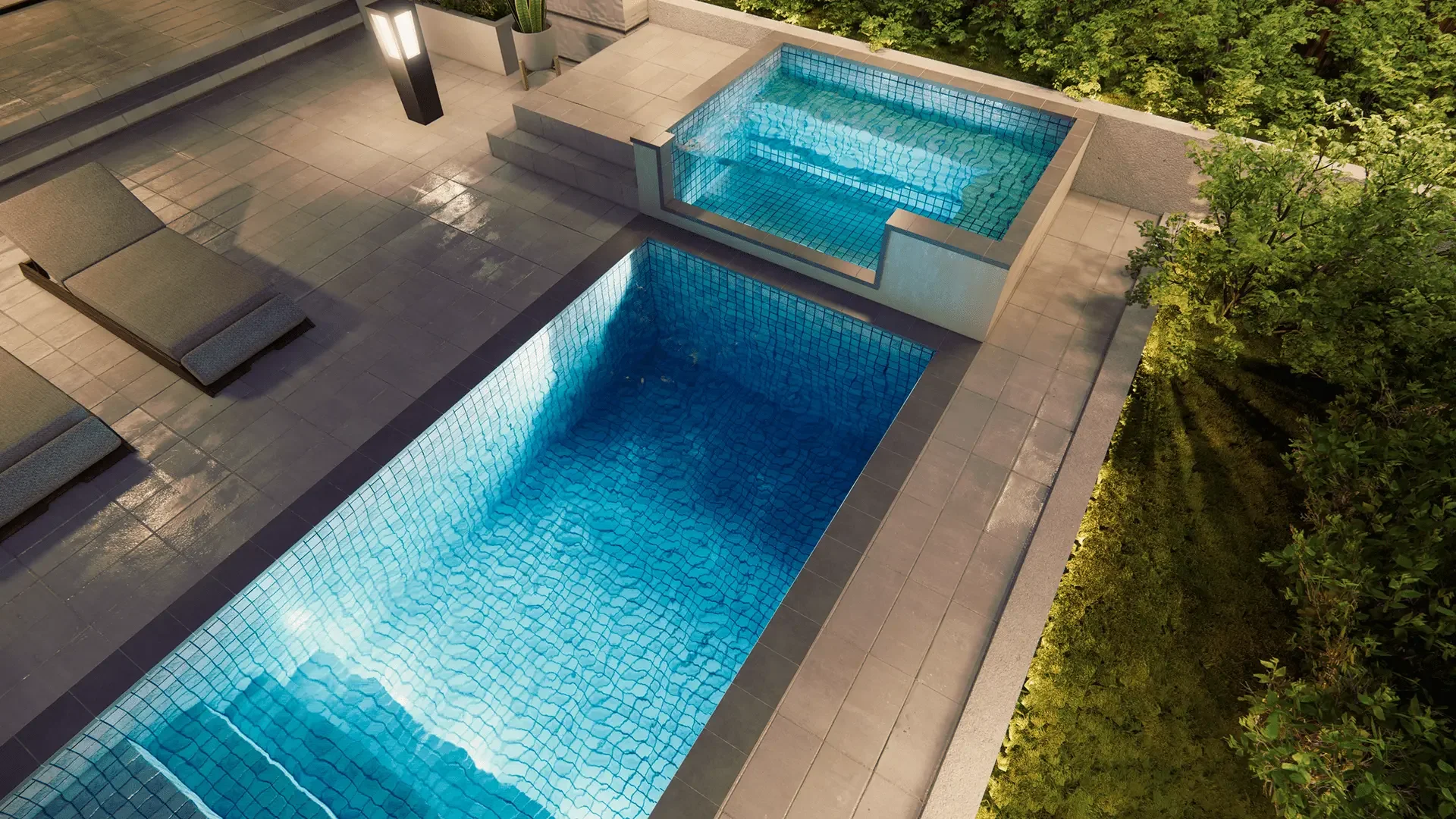 Tiled-Spa-with-Acrylic-Wall-Next-to-a-Fully-Tiled-Pool-_-PENTARM-POOLS.webp