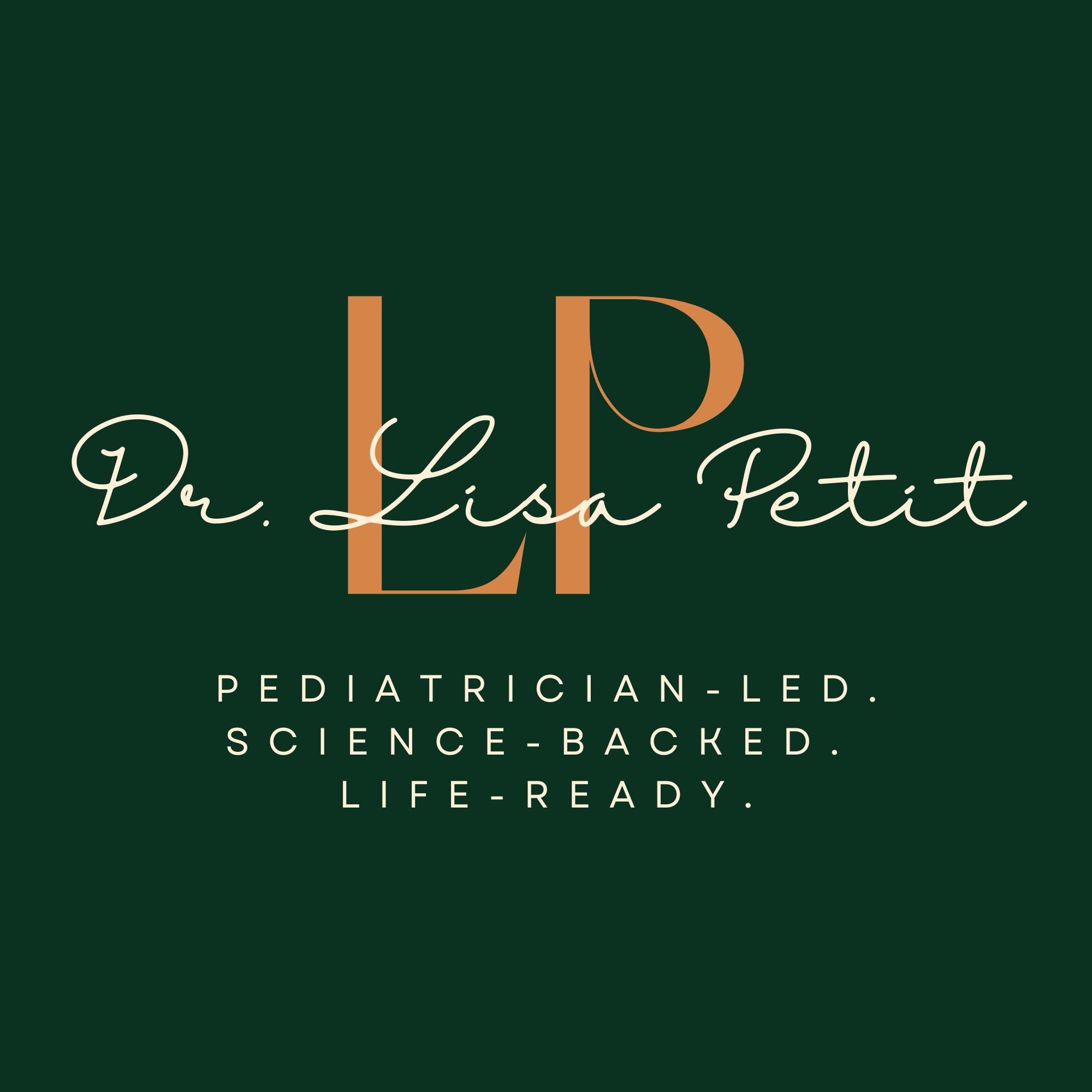 Logo for Dr. Lisa Petit, a pediatrician and keynote speaker with green background and stylized text.