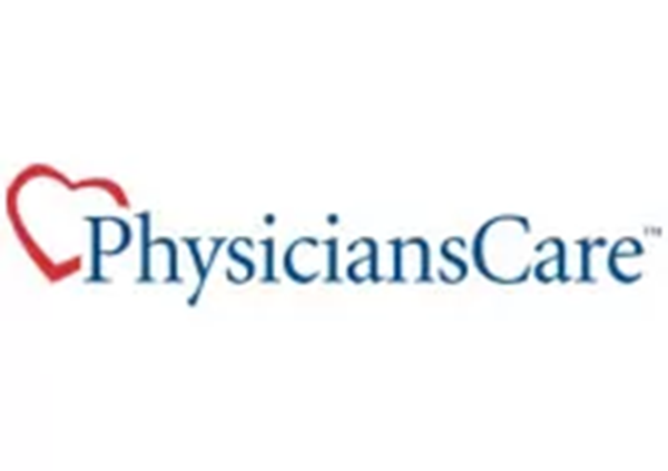 PhysiciansCare logo with a red heart outline on the left and blue text on the right.