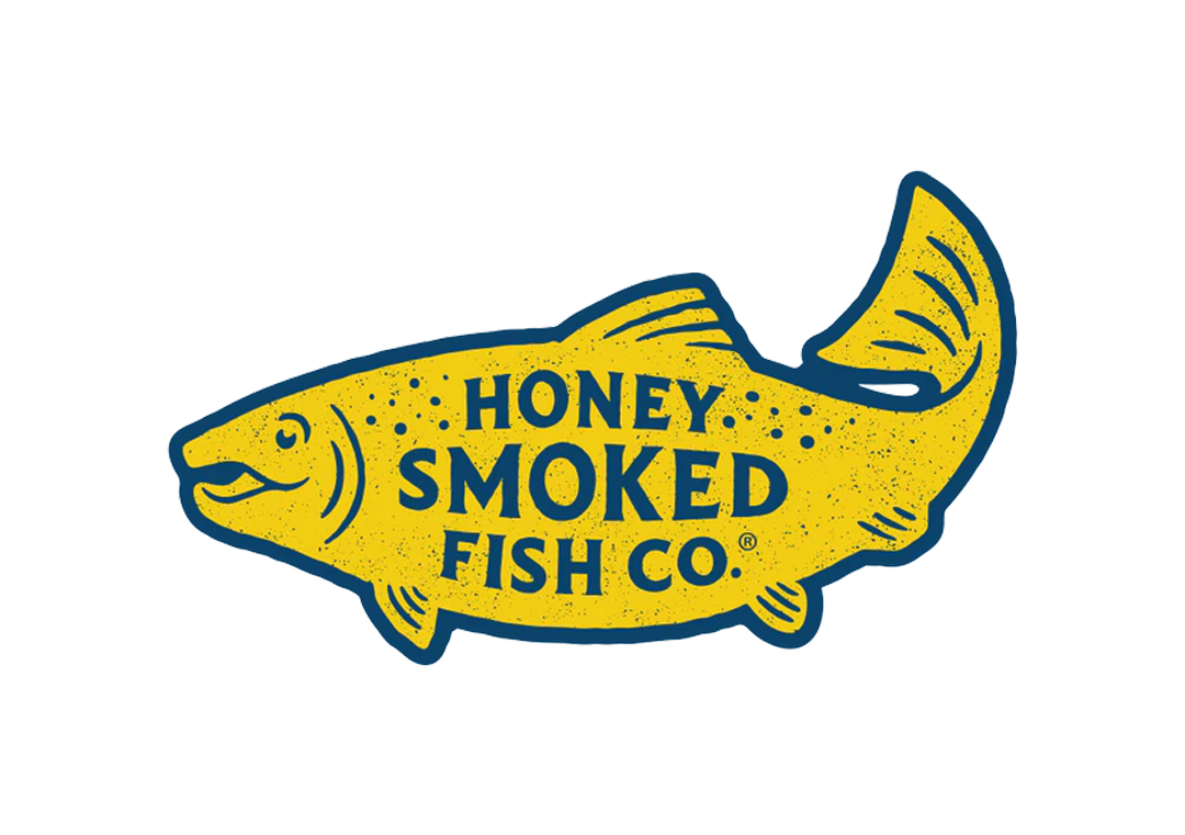 Logo of Honey Smoked Fish Co. featuring a yellow fish with blue outline and text inside it.