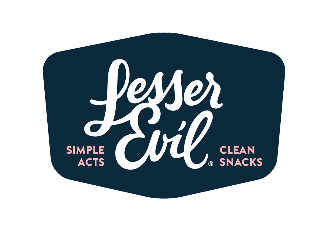Lesser Evil logo with the tagline 'Simple Acts, Clean Snacks'