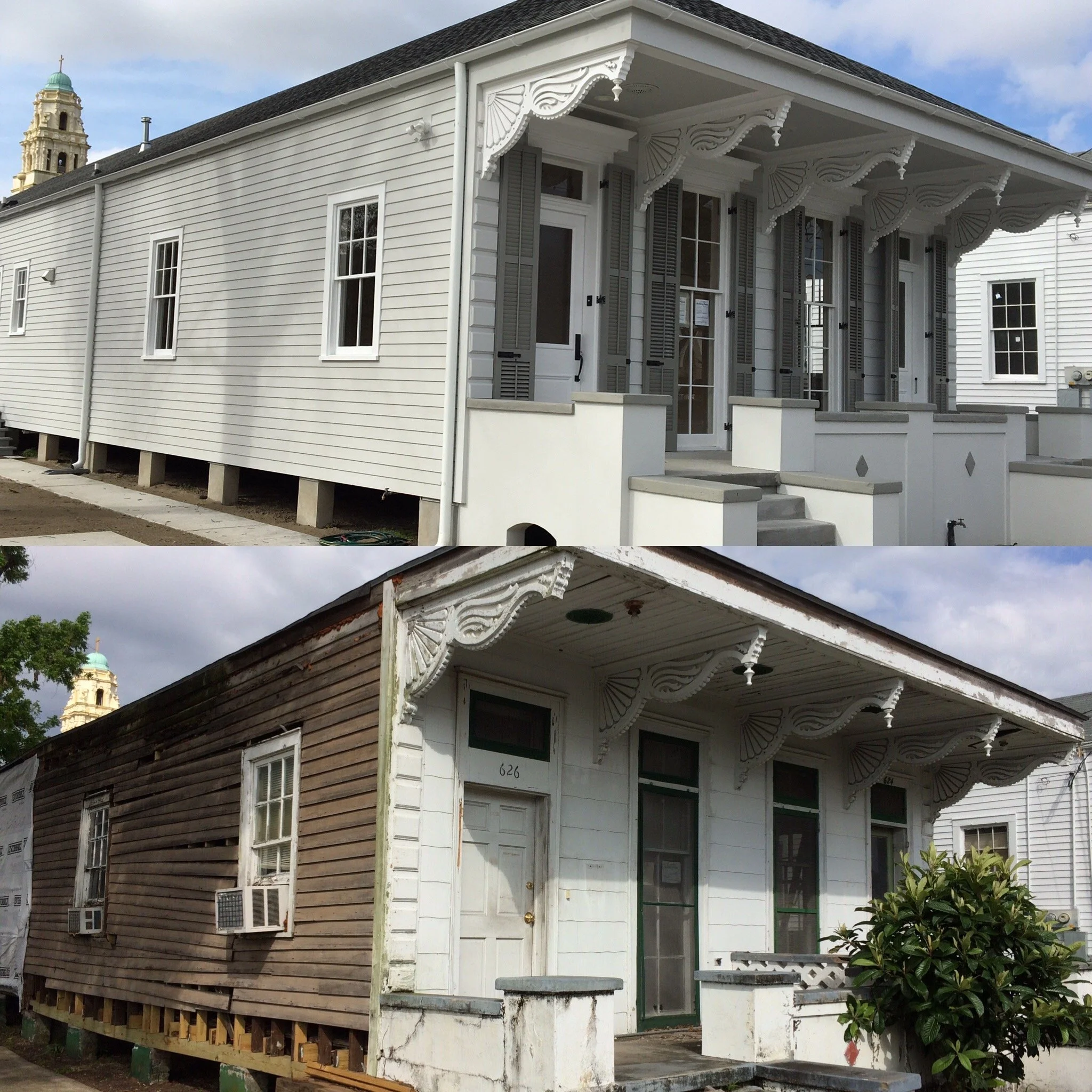 Front view of a house with white and dark brown siding, decorative trim, multiple windows with shutters, stairs leading to the front door, and a sky with some clouds in the background.