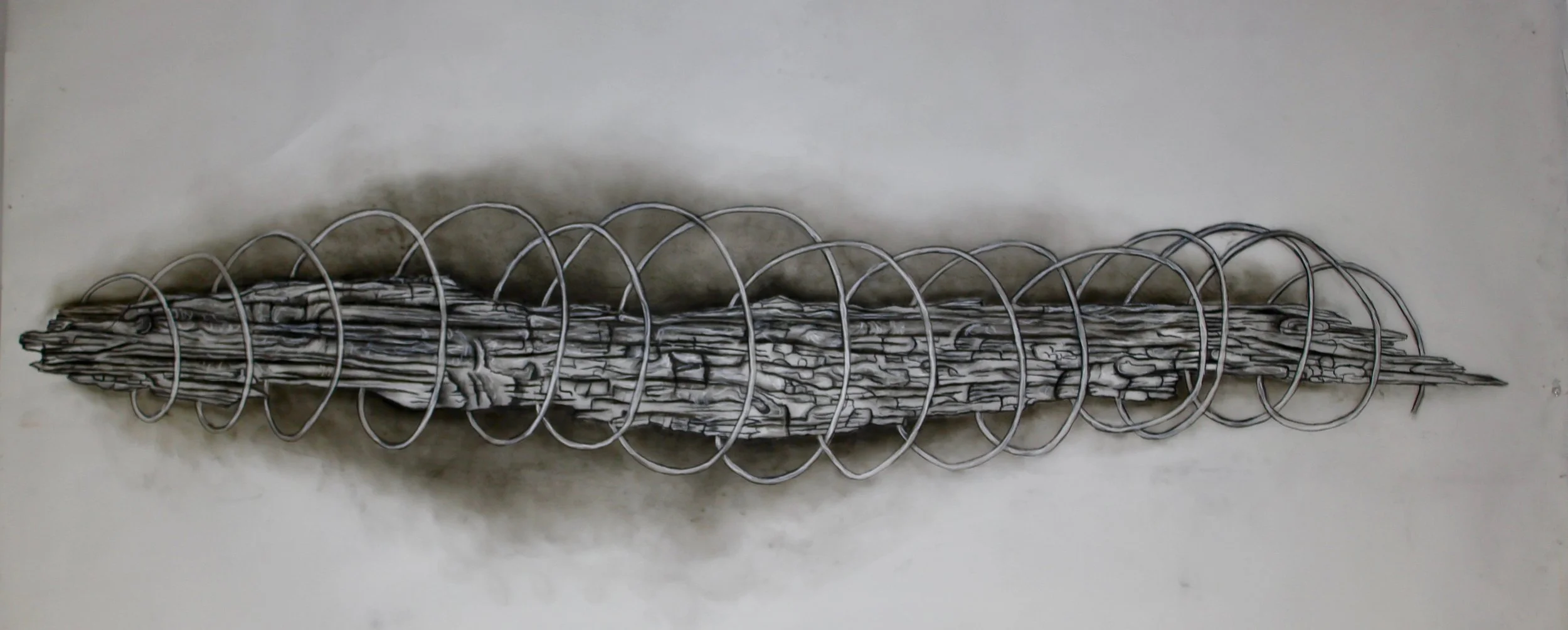 A charcoal drawing of a bundle of twigs wrapped with a wire coil and cords, forming a flame shape.