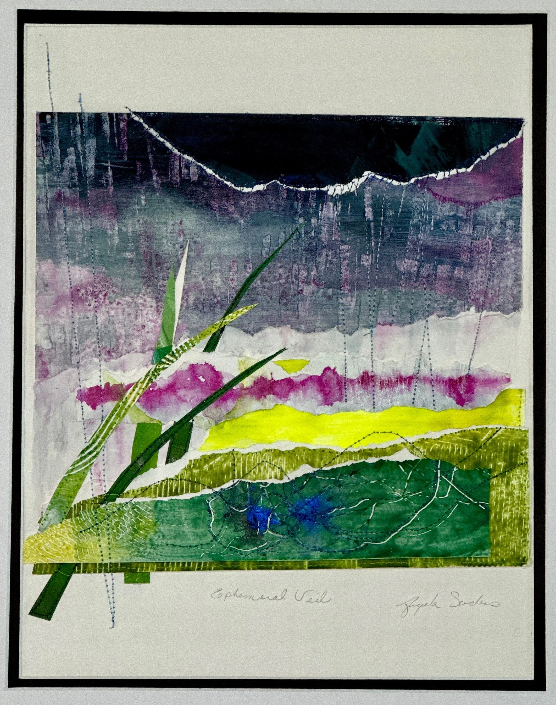 Mixed media artwork titled 'Ephemeral Veil' featuring layered torn paper creating a landscape with green, yellow, purple, and dark blue hues, accented by green leaves and handwritten text at the bottom.