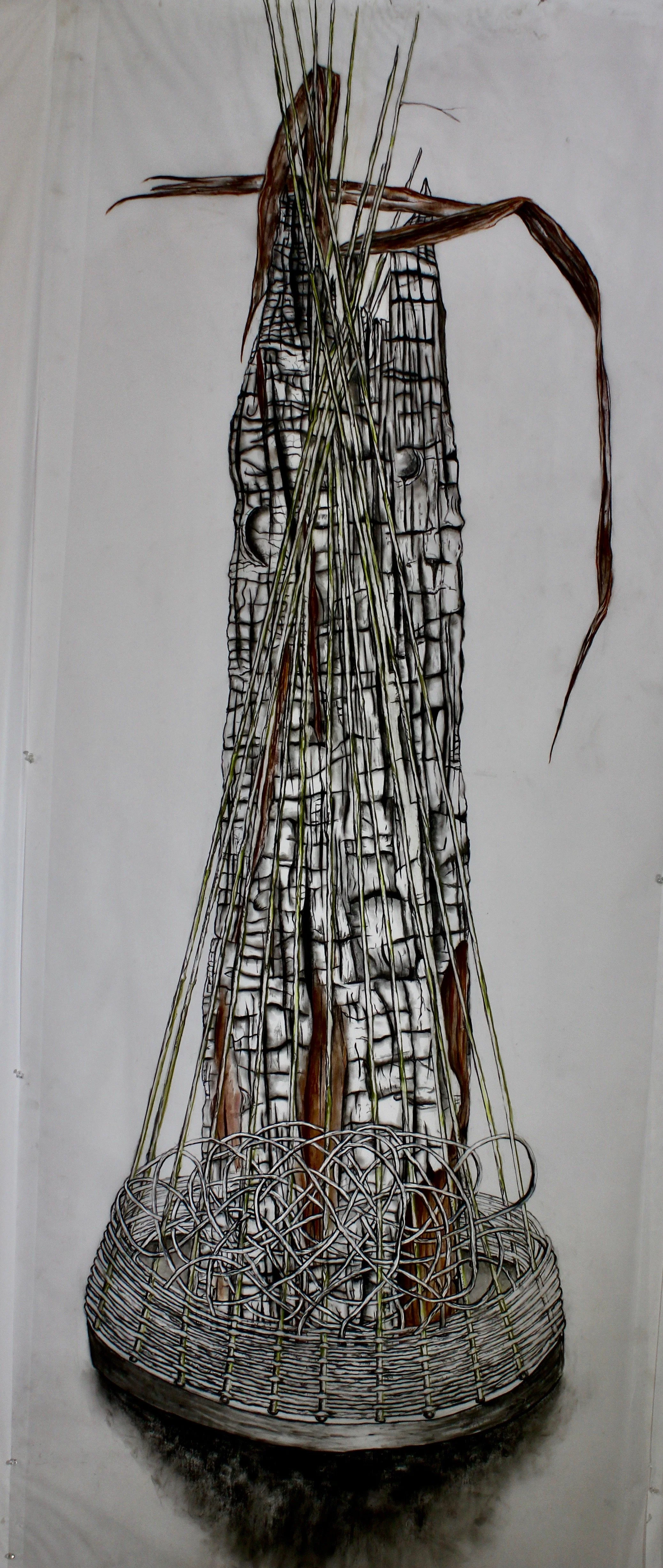 A tall, abstract sculpture resembling a tree with intertwined metal wires at its base, elongated branches, and a textured trunk, set against a plain background.