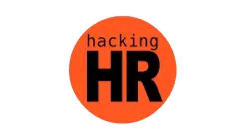 Orange circle with black text that reads 'hacking HR'.