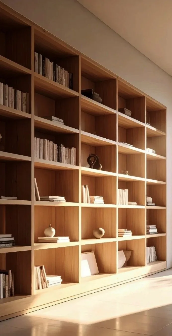 A large wooden bookshelf with multiple compartments filled with books and decorative objects in a sunlit room.