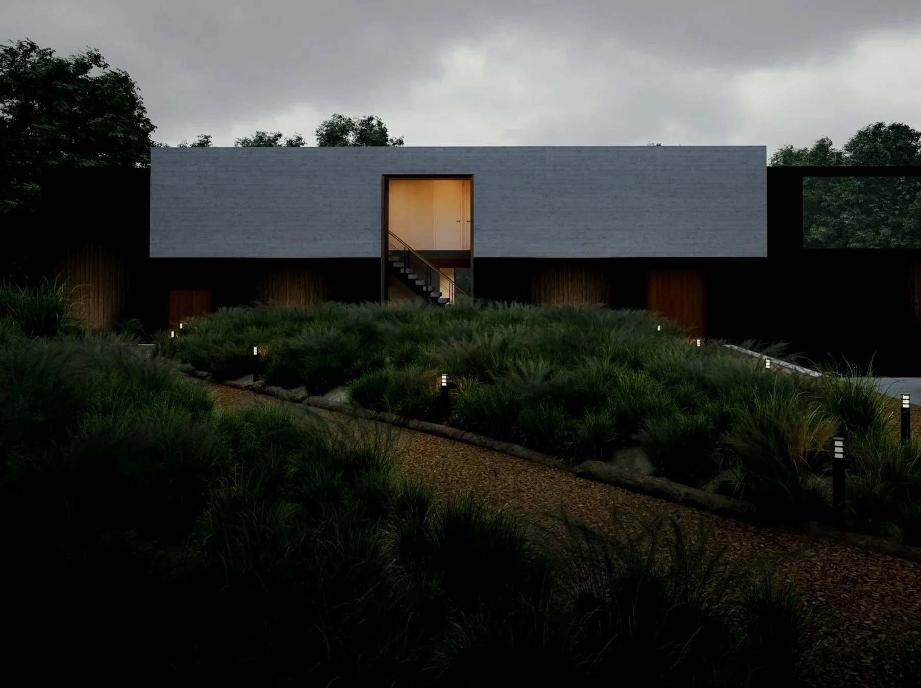 Modern house with a minimalist design, gray exterior walls, and a staircase leading to a door. The house is elevated above a landscaped garden with lush green plants and pathway lights under an overcast sky.