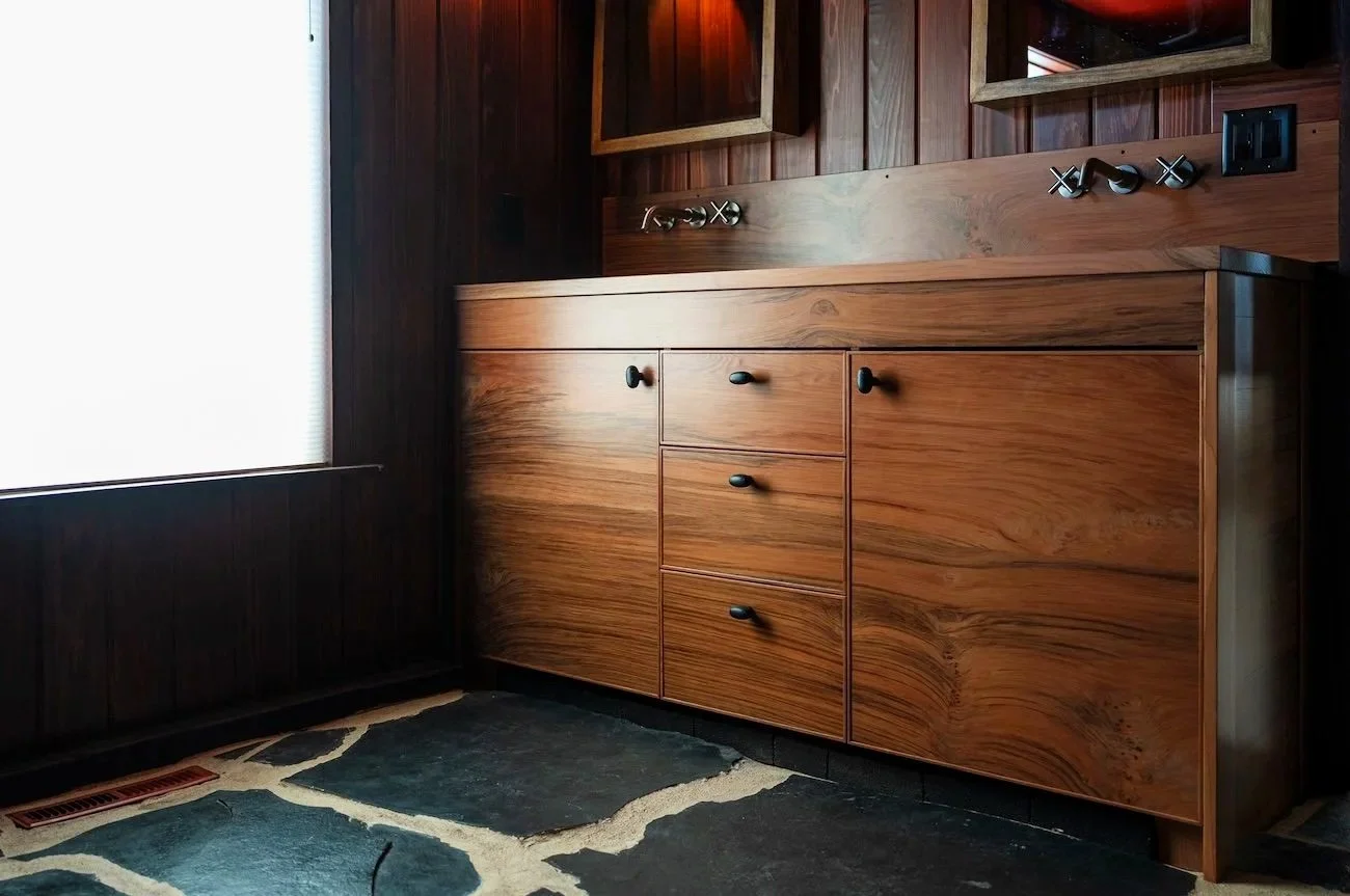 Custom double vanity project for a Bend, Oregon home built with redwood by KJS Construction