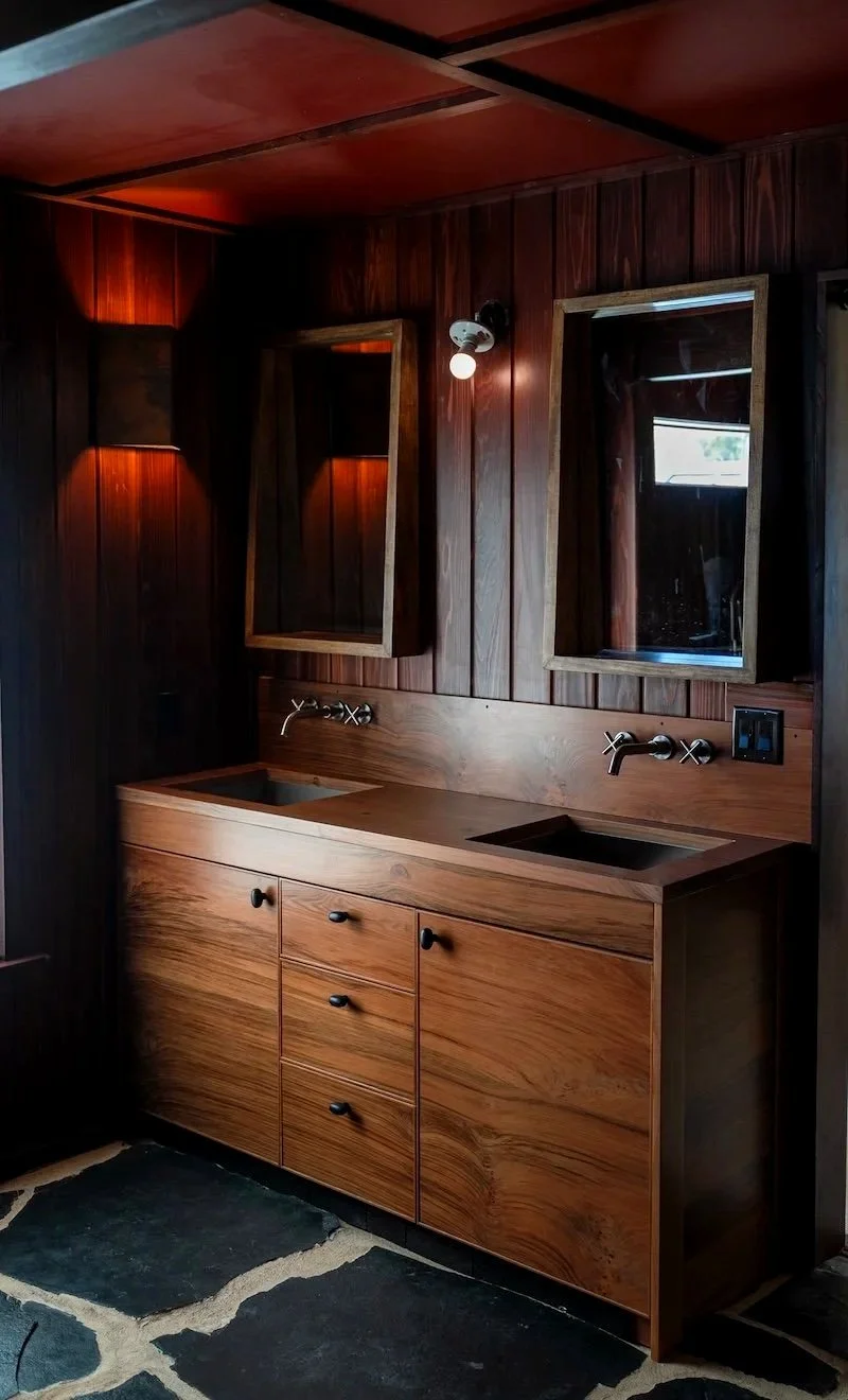 Beautiful custom redwood double sink vanity built by KJS for a Bend Oregon fine finish carpentry project.