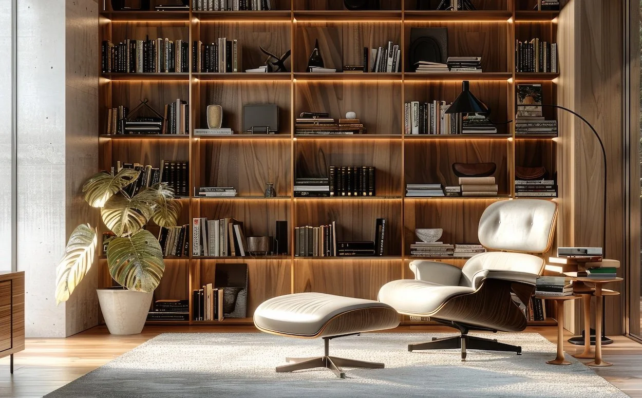 Modern living room with a large wooden bookshelf filled with books, a white chaise lounge with wooden accents, a side table with stacks of books, a large potted plant, and a textured area rug.
